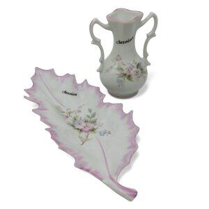 FD Chauvigny Porcelain Floral Vase And Leaf Dish in Pink And White France Vintag